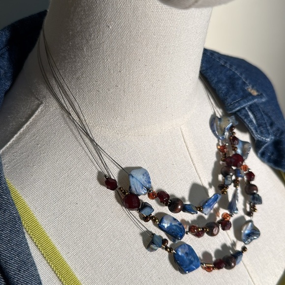 Handmade Wire Blue and Brown Beaded Layer Necklace - Picture 3 of 7